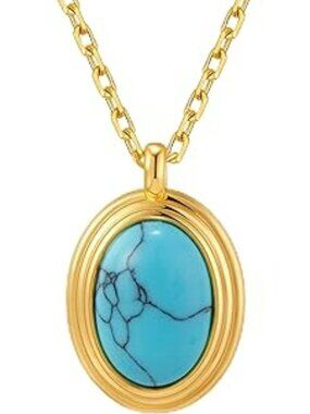 NEW Gold w Turquoise Stone Pendant Necklace for Women Chunky Gemstone Dangle